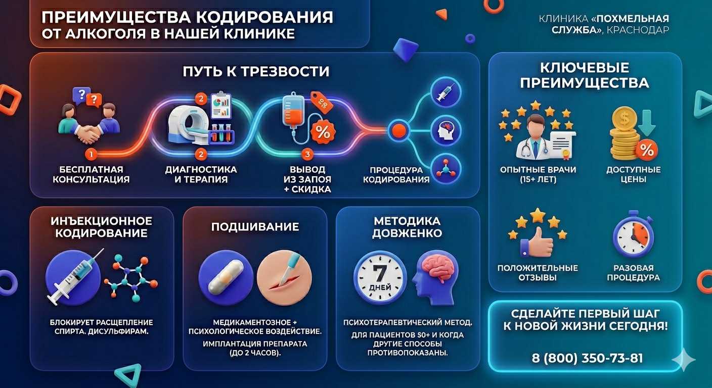Инфографика о методах кодирования от алкоголя в Иркутске: инъекции, подшивание, метод Довженко. Преимущества клиники и этапы лечения.